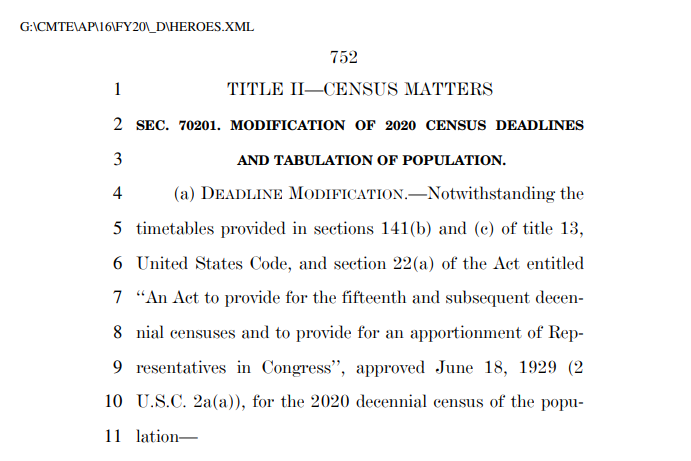 The OTHER news is that  #2020census has made an appearance in the latest House coronavirus relief bill.The first bit extends reporting deadlines. https://docs.house.gov/billsthisweek/20200511/BILLS-116hr6800ih.pdf (starts page 752)