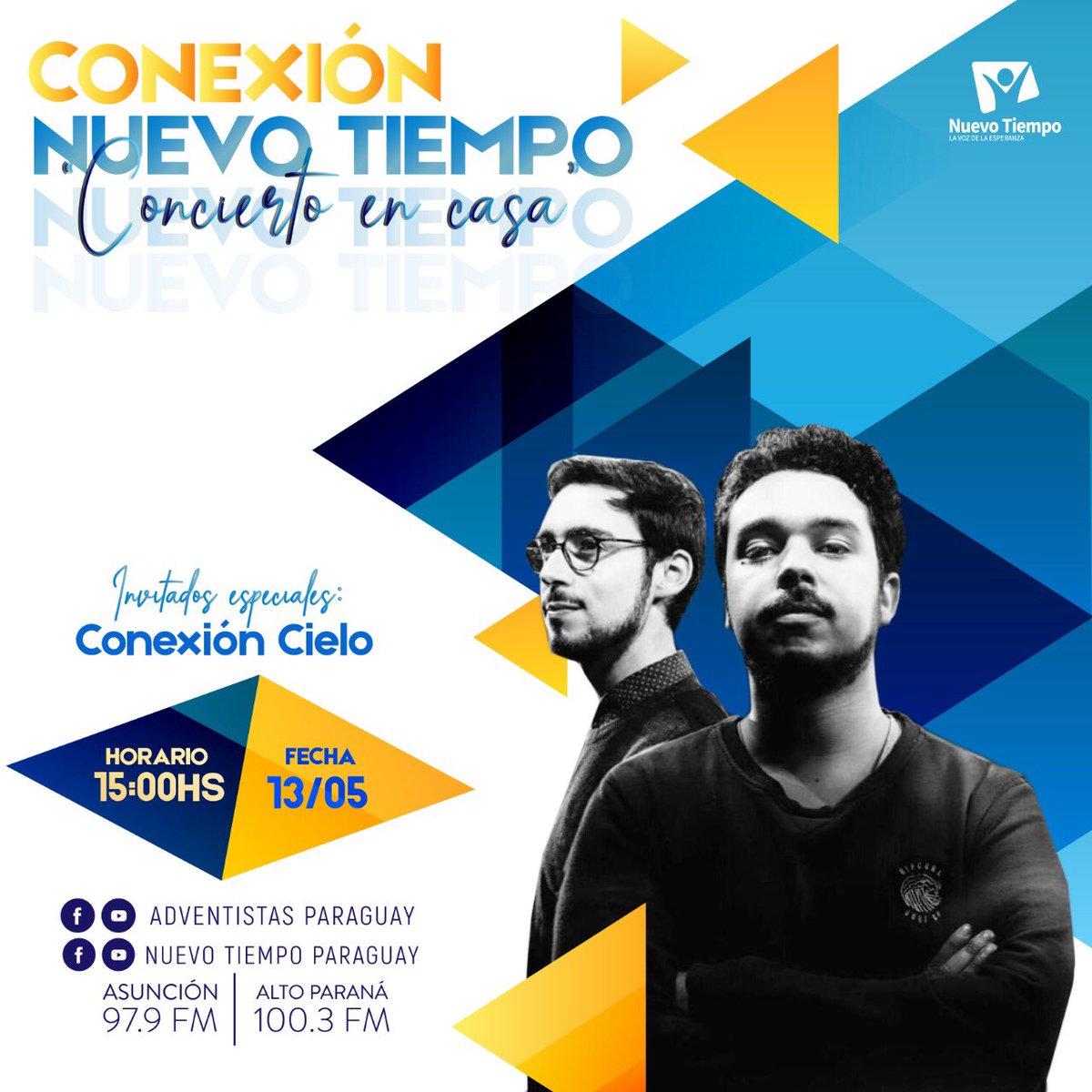 ¡HOY!✨CONEXIÓN CIELO✨nos acompañará en las tardes de Conexión Nuevo Tiempo🇵🇾
👉🏻Disfruta del último día de “Concierto en Casa”🏡 
📲Escríbenos y envía tus saludos al +595971430222 
🕒Te esperamos a las 15:00 h🎊
#ConexiónNuevoTiempo #ConectadosParaSalvar