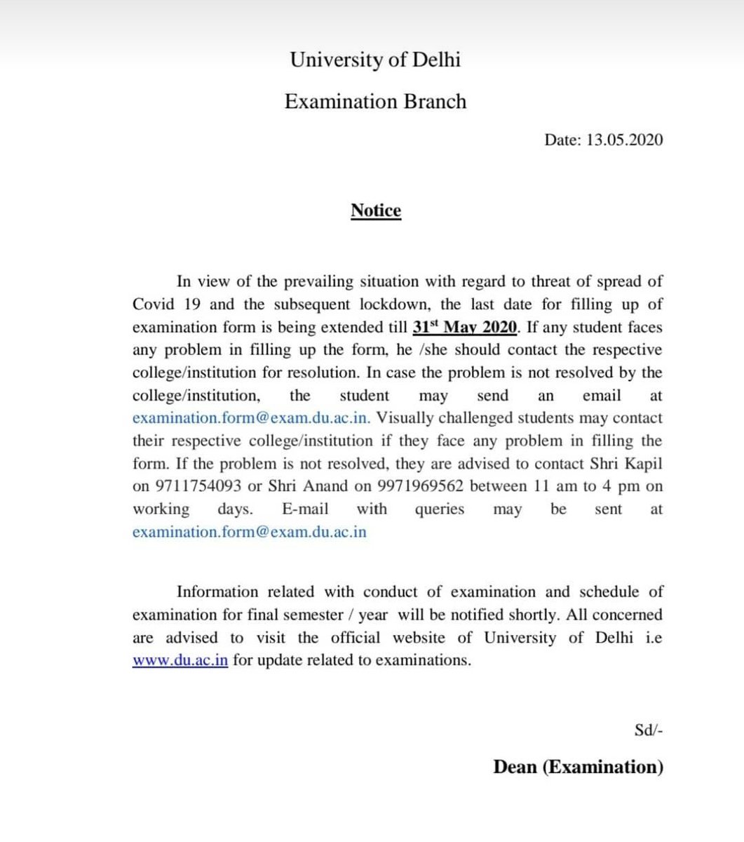 AKLESHJATAV's tweet photo. DELHI UNIVERSITY EXTEND THE EXAMINATION FORM TILL 31ST MAY 2020.
#delhiuniversity #du #examscancelled #examscancelkaro #examinationform @akshaylakra17 @OfficeNewDelhi @shivangiDUSU @DUSUofficial @ShubhamDusuEc @LambaAlka @AshishLambaNSUI @NsuiSarvagya @KapilYa91206707 https://t.co/pKBqHOSlQH