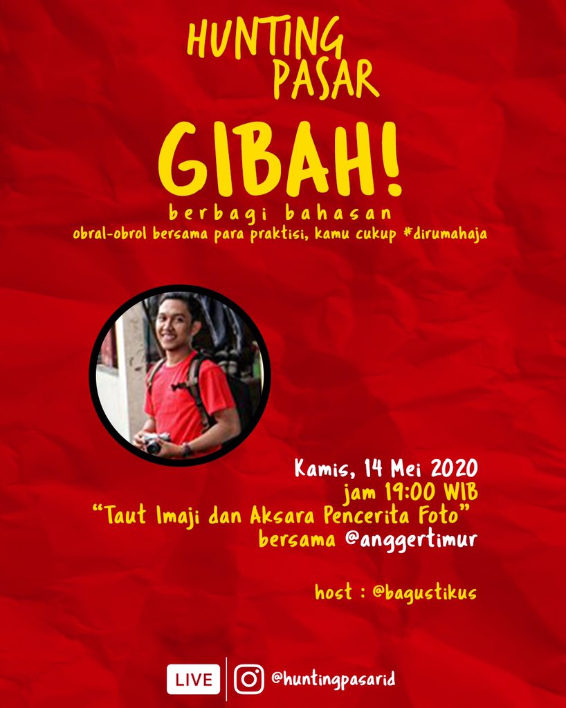 Saat temu fisik direduksi, kini temu virtual kian menjadi. Esok Kamis, saya diundang mengisi obrolan virtual via LIVE <a href="/instagram/">Instagram</a> besutan komunitas fotografi Hunting Pasar. Sampai bertemu. #anggertimur #penceritafoto