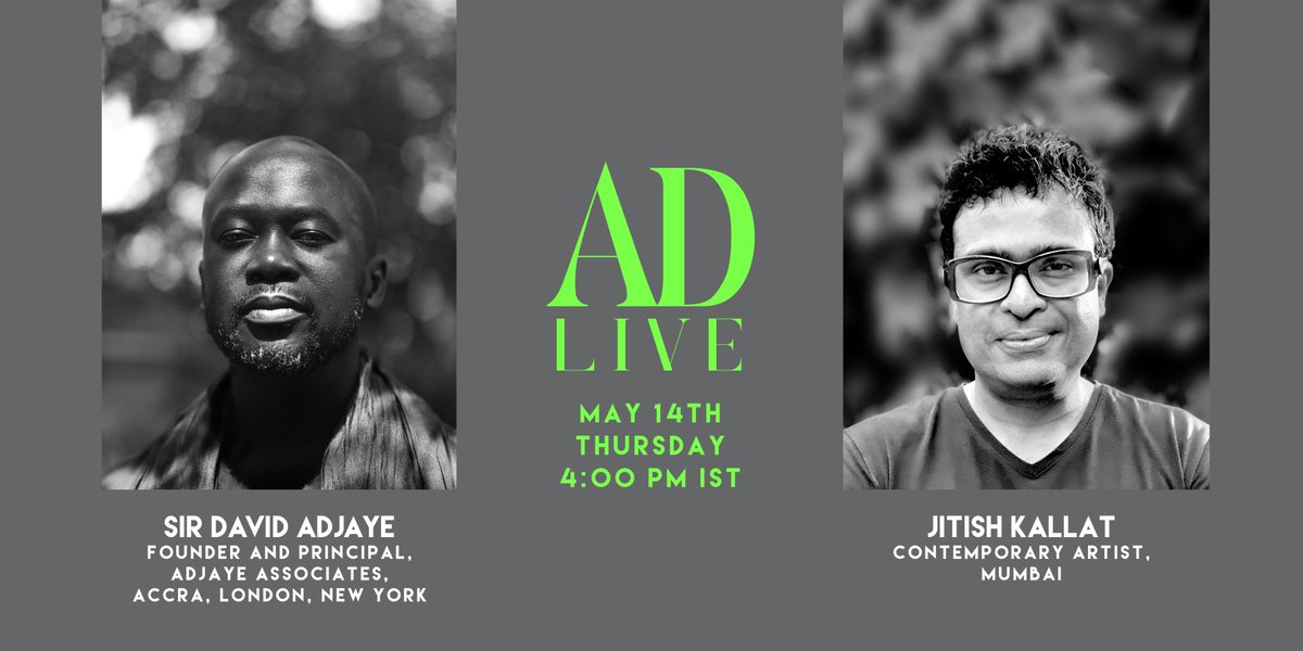 ArchDigestIndia's tweet photo. Clear your schedule and tune in to AD's Insta live tomorrow, at 4 PM. We're now counting down hours!

@AdjayeAssoc @dadjaye
 
Pic credit: (left) Chris Shwagga. (right) Reena Kallat

#architecturaldigest #ADIndia #ADLive #davidadjaye #adjayeassociates #jitishkallat https://t.co/CTsyLIgCO4