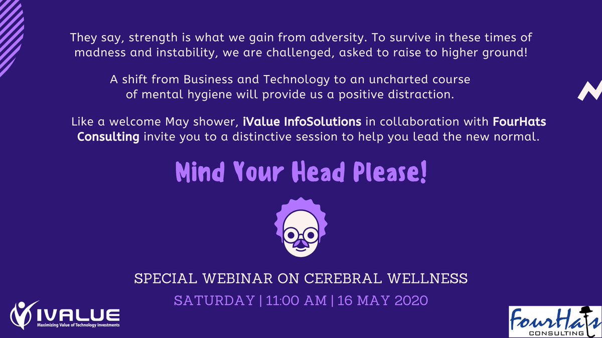 iValueInfoSoln's tweet photo. Amidst #CoronavirusPandemic &amp; #SocialDistancing orders, some may feel a bit lost without a set-routine. Like a welcome May shower @iValueInfoSoln invites you all for a distinctive session to help you lead the #NewNormal, a #webinar on Cerebral wellness
https://t.co/dN0jUrjtMK https://t.co/CJ7OfRih7d