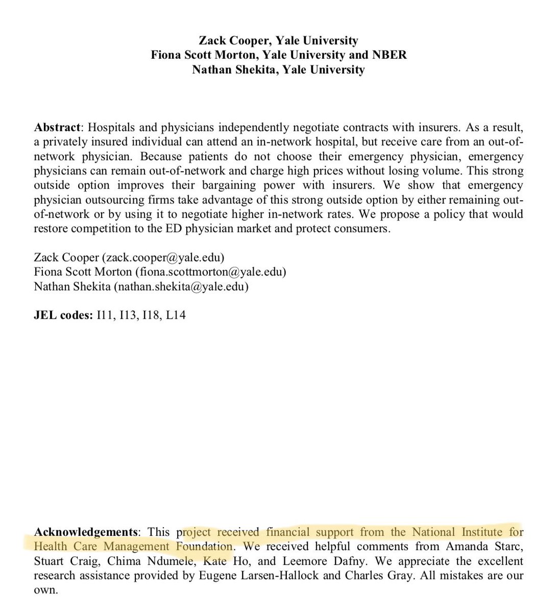 7/ Or the leading Ivy League researcher who coined the phrase “Surprise! Billing” was funded by an Insurance Foundation led by Health Insurer Execs