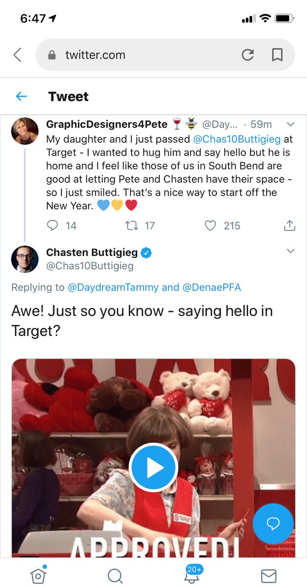 DaydreamTammy's tweet photo. A good memory:

New Year's Day 2020 - I saw @Chasten
 at Target which was super cool... 

...then he responded to my Tweet 

... I might have cried a little. 

That was a really good day. :) 

#TeamPeteForever
#TheGoodOleDays
#IMissTarget https://t.co/xU1ZFW2zaX