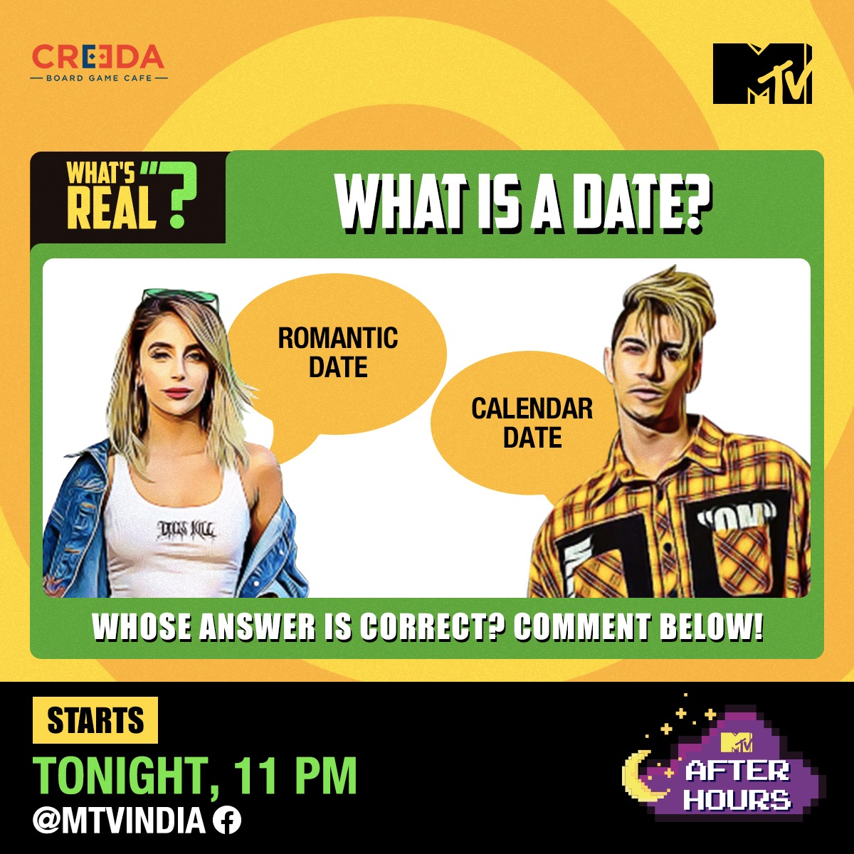 Whose answer do you think is correct? Tell us in the comments below. Also,only a few hours left until you play ‘What’s Real?’ with Ashish Bhatia and Miesha Iyer on <a href="/MTVIndia/">MTV India</a>’s Facebook Page tonight at 11 PM. #MTVAfterHours <a href="/CreedaBoardGame/">CREEDA BGC</a>