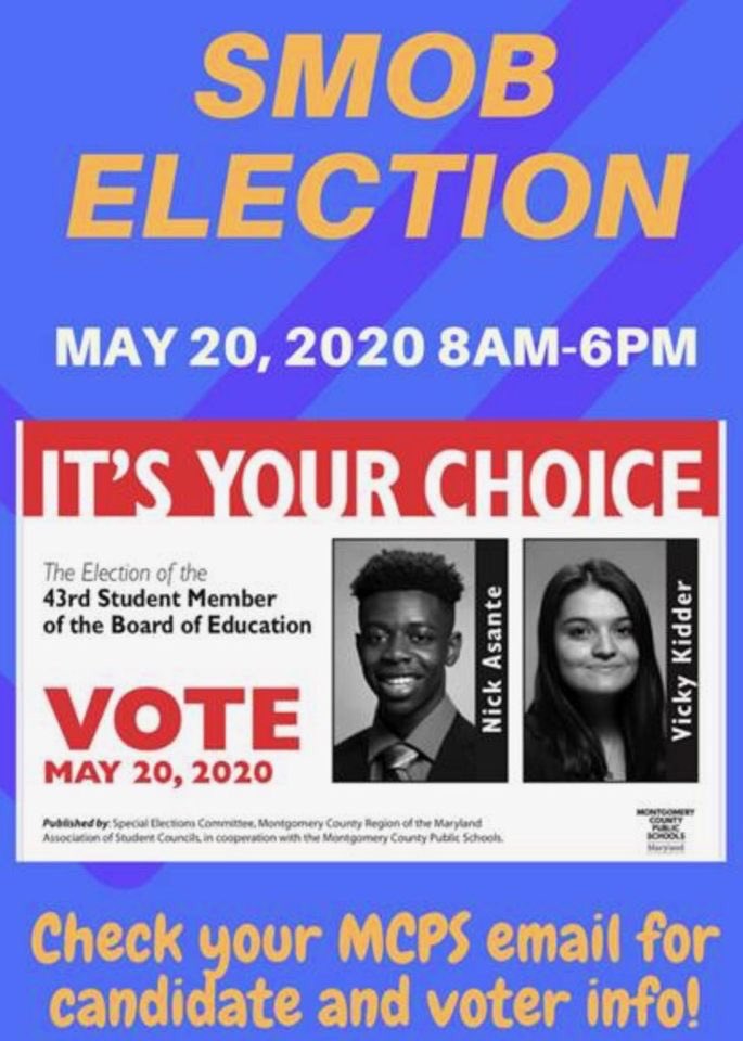 QoSpirit's tweet photo. SMOB Election Day is next Wednesday, May 20th!! Check your MCPS emails to vote!! @QOHSPrin_Thomas @QuinceOrchardHS https://t.co/ZB827zGxKn