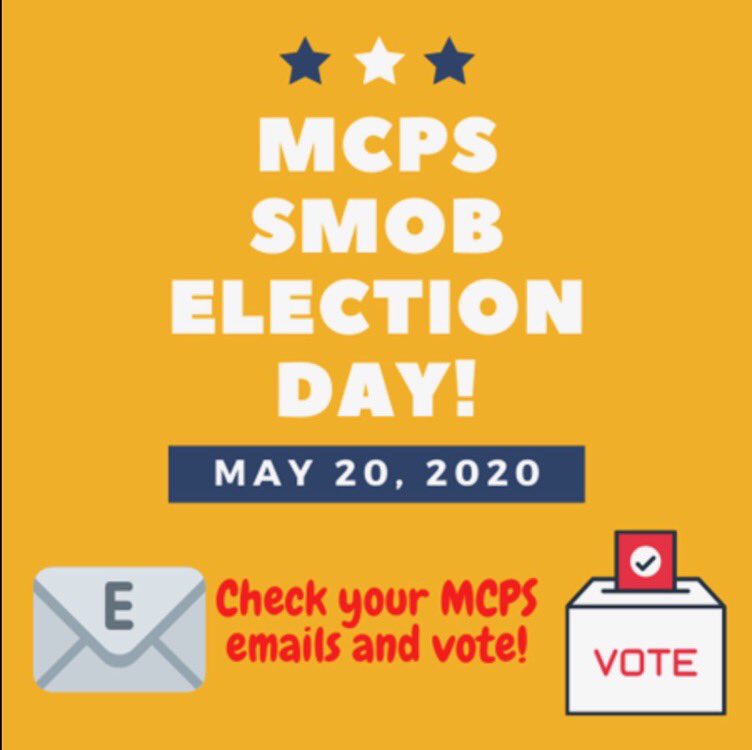 QoSpirit's tweet photo. SMOB Election Day is next Wednesday, May 20th!! Check your MCPS emails to vote!! @QOHSPrin_Thomas @QuinceOrchardHS https://t.co/ZB827zGxKn