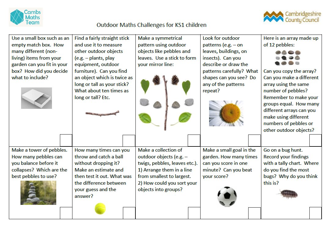 Cambs_SIS's tweet photo. Our outdoor maths challenges for KS1 and KS2 children have been very popular! How many challenges can you complete? https://t.co/8cxQZ7nxkz 
#NationalNumeracyDay #HomeLearning #CambsEd https://t.co/iIrTowVOoD
