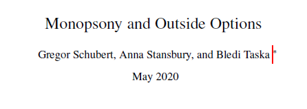  New WP! Monopsony and Outside Options ( @gregorschub, me, &  @Bledi_Taska)How much do workers' outside job options matter for wages? This is important to understand the degree of imperfect competition & role of employer concentration in labor markets [1/N]