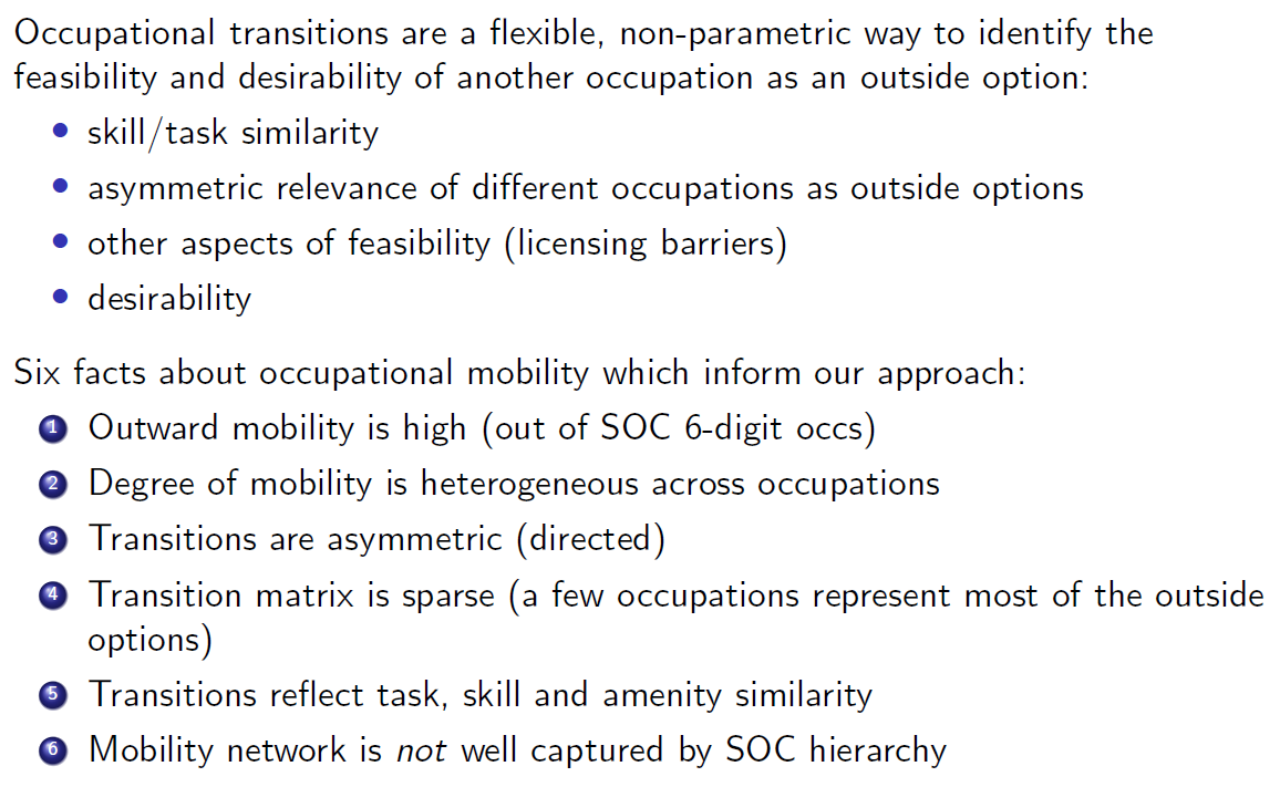 Why use occupational mobility to identify job options, rather than – say – task/skill similarity? We see occupations as a high-dimensional bundle of characteristics: task, skill, qualification requirements, amenities… Transitions are a non-parametric way of capturing this [8/N]