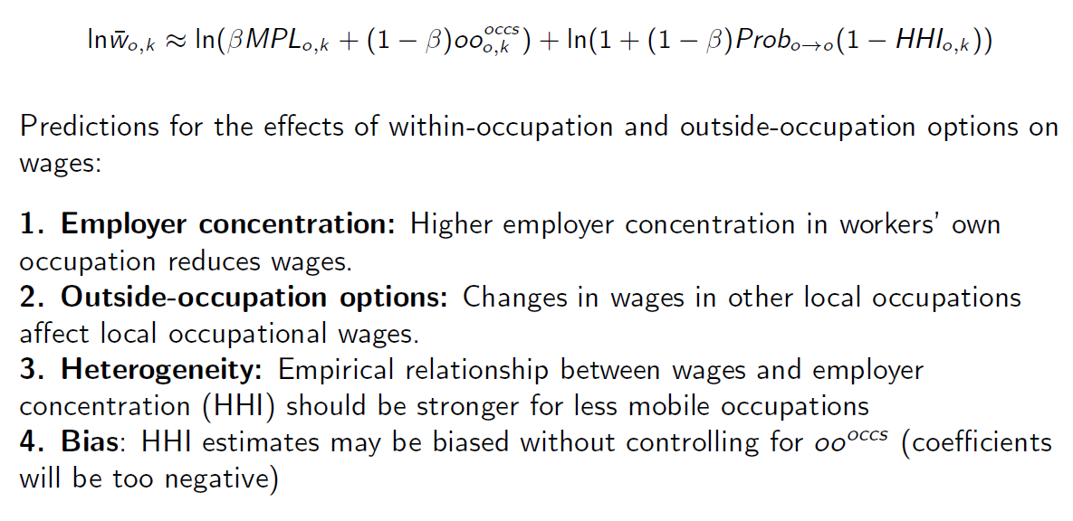 Both these types of outside option should matter: higher employer concentration should reduce wages, and better outside-occupation options increase them. But also, heterogeneity: for workers in outwardly mobile occupations, employer concentration should matter a lot less [9/N]