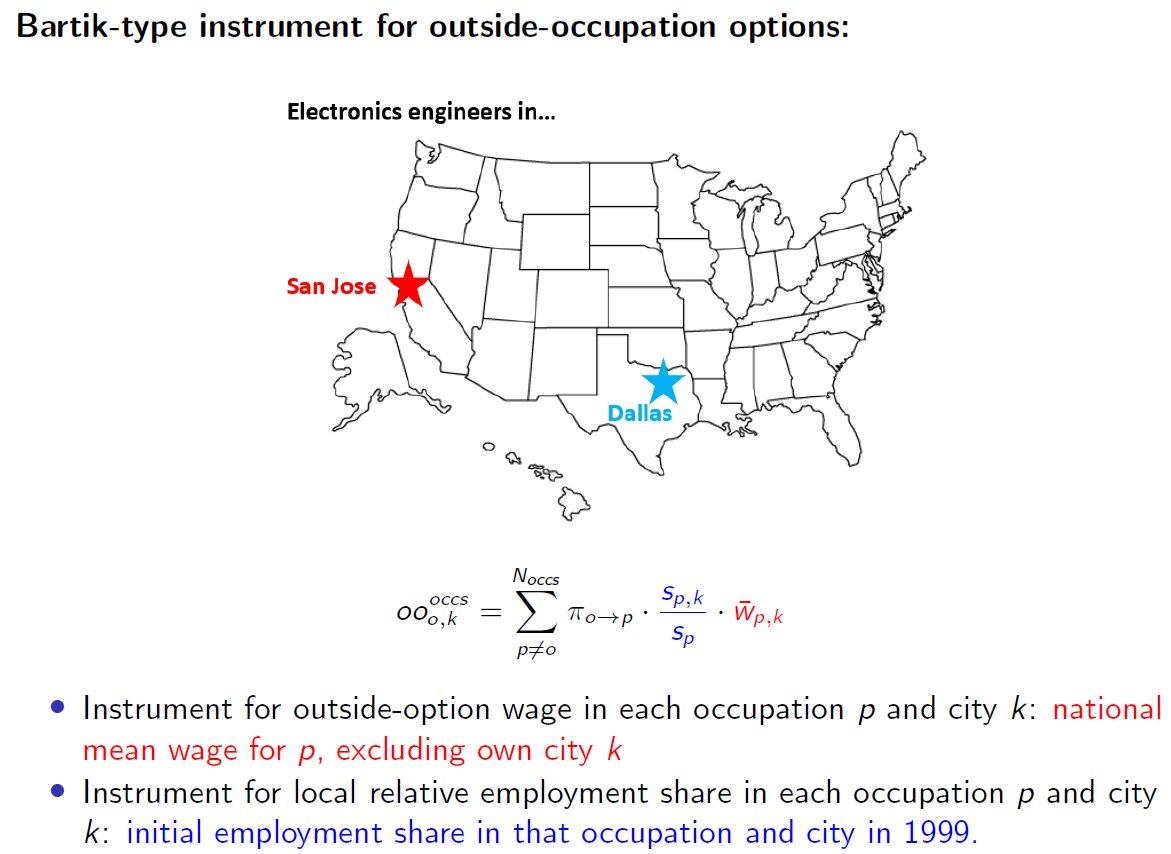 We instrument for shocks to outside-occupation options by leveraging differential local exposure to national wage trends (a Bartik/shift-share approach). If wages in an outside option occ grow fast nationwide, you do better if you're in a city where that occ is large. [12/N]