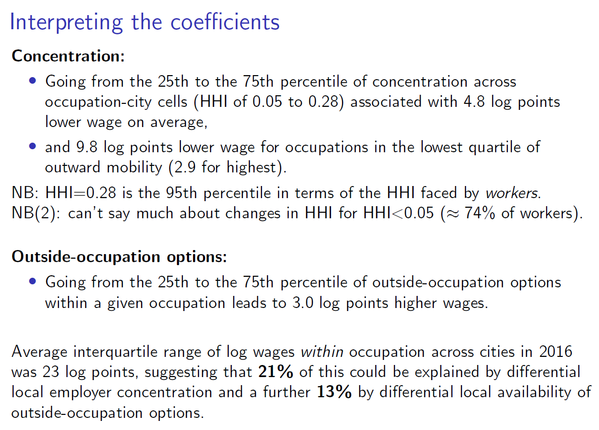 We find significant effects of both employer concentration and outside-occupation options on wages. Concentration matters 3x as much for workers with low outward mobility vs high outward mobility: for low-mobility workers, going from HHI of 0.05 to 0.25 -> ~10% lower wages [13/N]
