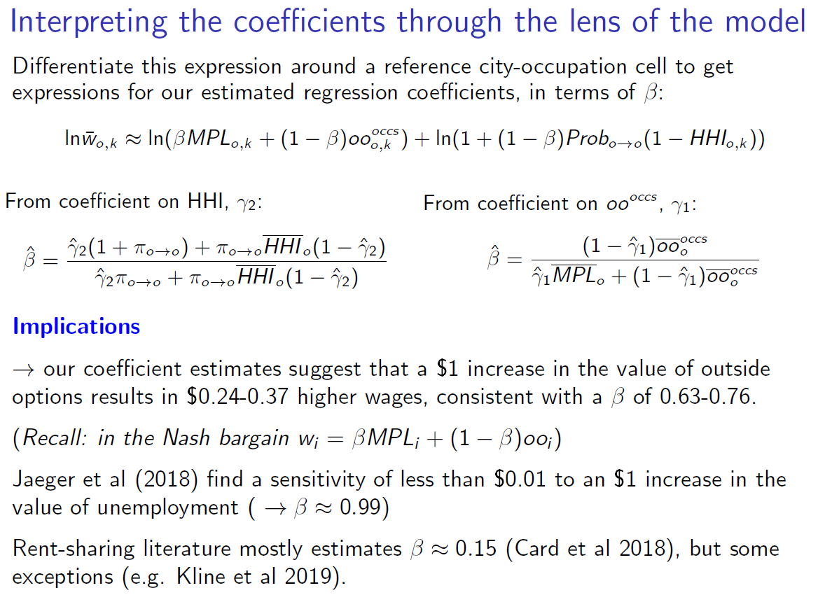Finally, interpreting these coefficients through the lens of our Nash bargaining model would suggest that a $1 increase in the value of outside options results in $0.24-0.37 higher wages. [14/N]