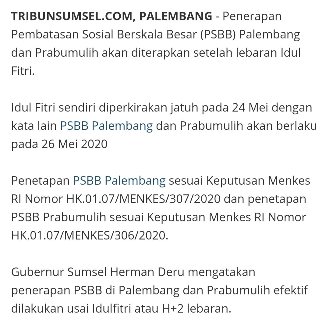 PSsumsel's tweet photo. PSBB di Palembang dan Prabumulih habis lebaran yo sanak sedulur. https://t.co/bxJLLCupKP