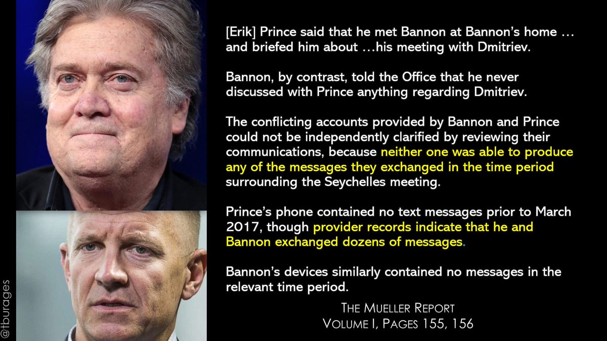 And perhaps if Bannon and Prince hadn't deleted all their communications to obstruct Mueller's investigation, Mueller would have gotten to the bottom of that meeting Prince had with the head of the Russian Direct Investment Fund.