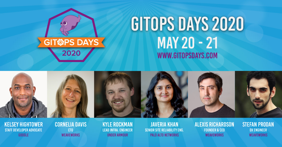 Speakers for @gitopsdays 2020 ✨ a walk through by @kelseyhightower demos by @stefanprodan practitioner insights from @javeriak_ and @rocktavious with fabulous hosting by @cdavisafc @monadic Join us for learnings and chats! View agenda bit.ly/2WLKqvr