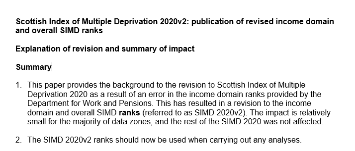 undertheraedar's tweet photo. For anyone who uses Scottish Index of Multiple Deprivation 2020 data and hasn't already seen this: a Revision Notice was released in April. Relates to Income Domain: "The impact is relatively small for the majority of data zones"
https://t.co/2Mqc4x1xDG
#simd2020
#simd20 https://t.co/Wa4BZ25ok3