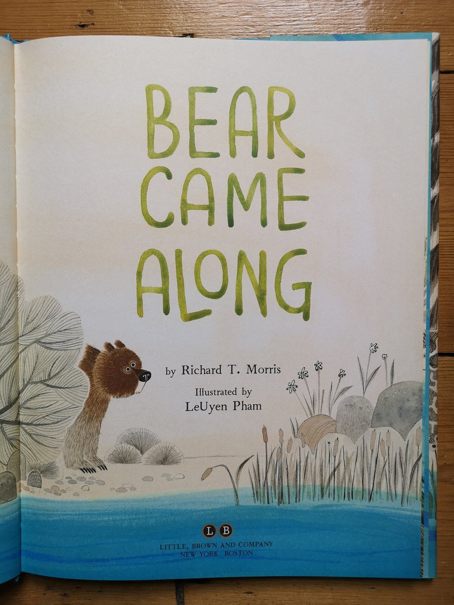 Title page. Authors are credited. The story begins in the illustrations before any words are said.Minimal colour. In fact almost entirely colourless except the bear, the river, and the title.