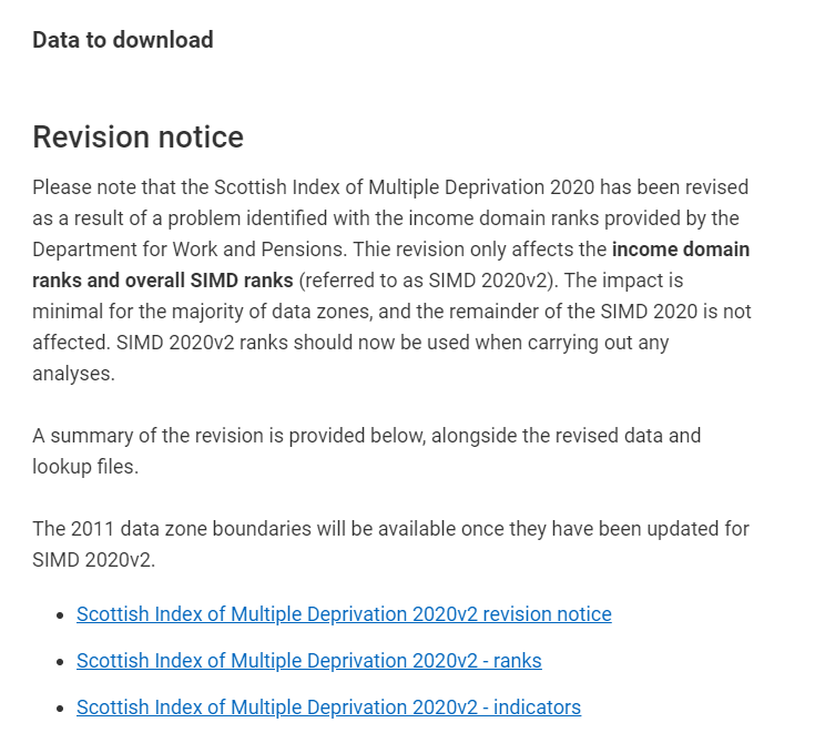 undertheraedar's tweet photo. For anyone who uses Scottish Index of Multiple Deprivation 2020 data and hasn't already seen this: a Revision Notice was released in April. Relates to Income Domain: "The impact is relatively small for the majority of data zones"
https://t.co/2Mqc4x1xDG
#simd2020
#simd20 https://t.co/Wa4BZ25ok3