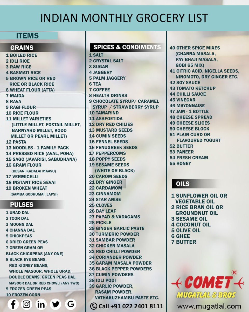 cometkitchenco's tweet photo. #CometKitchen is here to help you out with your monthly grocery list. Refer to the above list and get ready to make your delicious items. Don't forget to share your special recipe with us in the comment section below.

#Lockdown3 #GroceryList #preventionisbetterthancure https://t.co/nxagKrhgqL