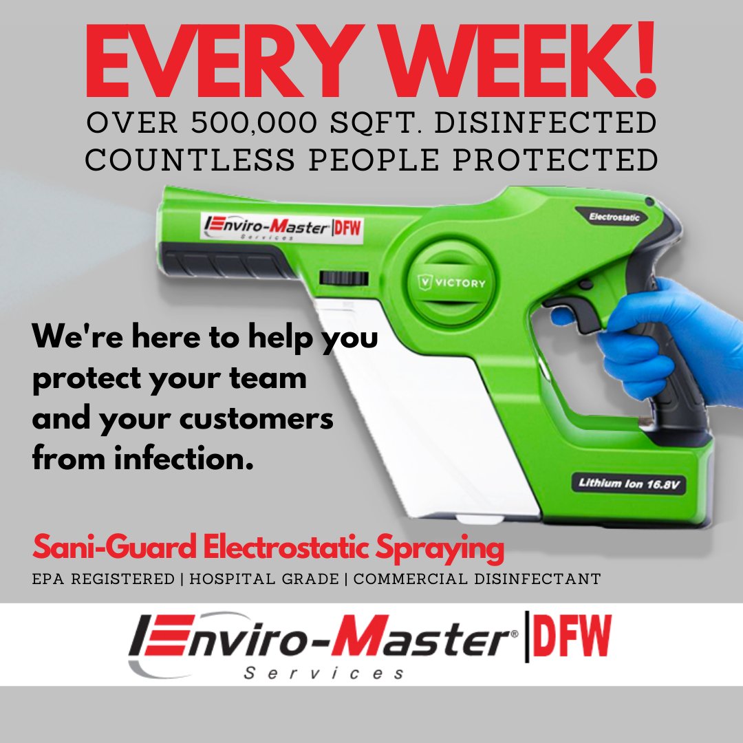 DFWEnviroMaster's tweet photo. Every week local DFW businesses are trusting Enviro-Master with their #healthandsafety! #EnviroMasterDFW is going #GermBusters in a facility near you!

Interested in how we can help you in the #killingCOVID19 battle? It's what we do every day and have been doing for years! https://t.co/0SlXGtylAI