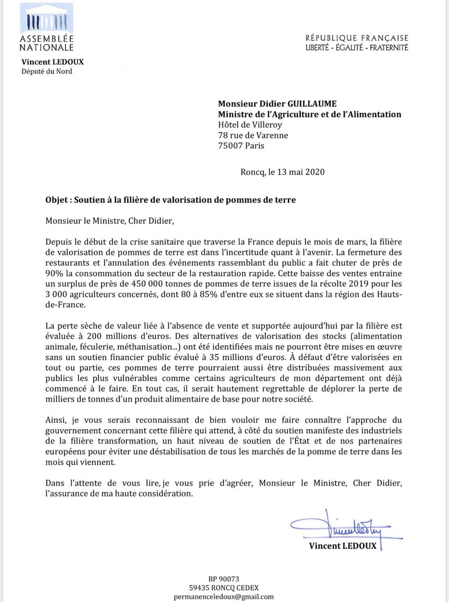 VincentLedoux59's tweet photo. Il faut sauver la patate française ! En valorisant les 450.000 tonnes de surplus, en soutenant les 3.000 agriculteurs de la filière qui risquent une perte sèche de 200 millions € Merci cher @didierguillaume de les aider en utilisant ts les leviers possibles en 🇫🇷 et en #Europe https://t.co/Wv5HkjAV0c