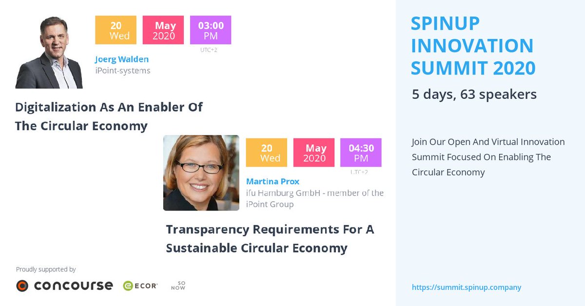 Virtual SPINUP #Innovation summit 2020 next week – make sure to join this virtual event enabling the #CircularEconomy with presentations by iPoint CEO <a href="/JoergWalden/">Joerg Walden</a> and our #Sustainability Strategist <a href="/LCInnovator/">Life Cycle Innovation</a> Martina Prox from <a href="/ifuHamburg/">ifu Hamburg</a>: buff.ly/2Z0dPoq

<a href="/SPINUP6/">SPINUP</a>
