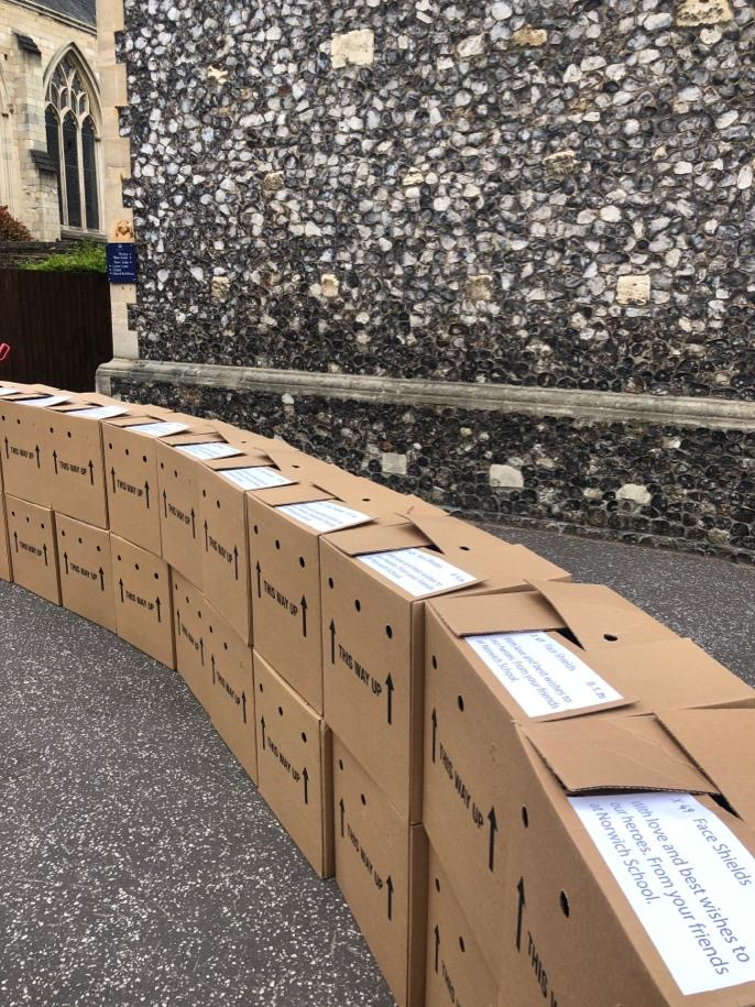 NorwichSchool's tweet image. Yesterday marked the last and biggest day yet in production of the PPE face shields produced by our team at Norwich School, with 1,000 boxed up and ready to go. 

In total, more than 8,820 shields were made and sent to around 90 locations across Norfolk and further afield.
