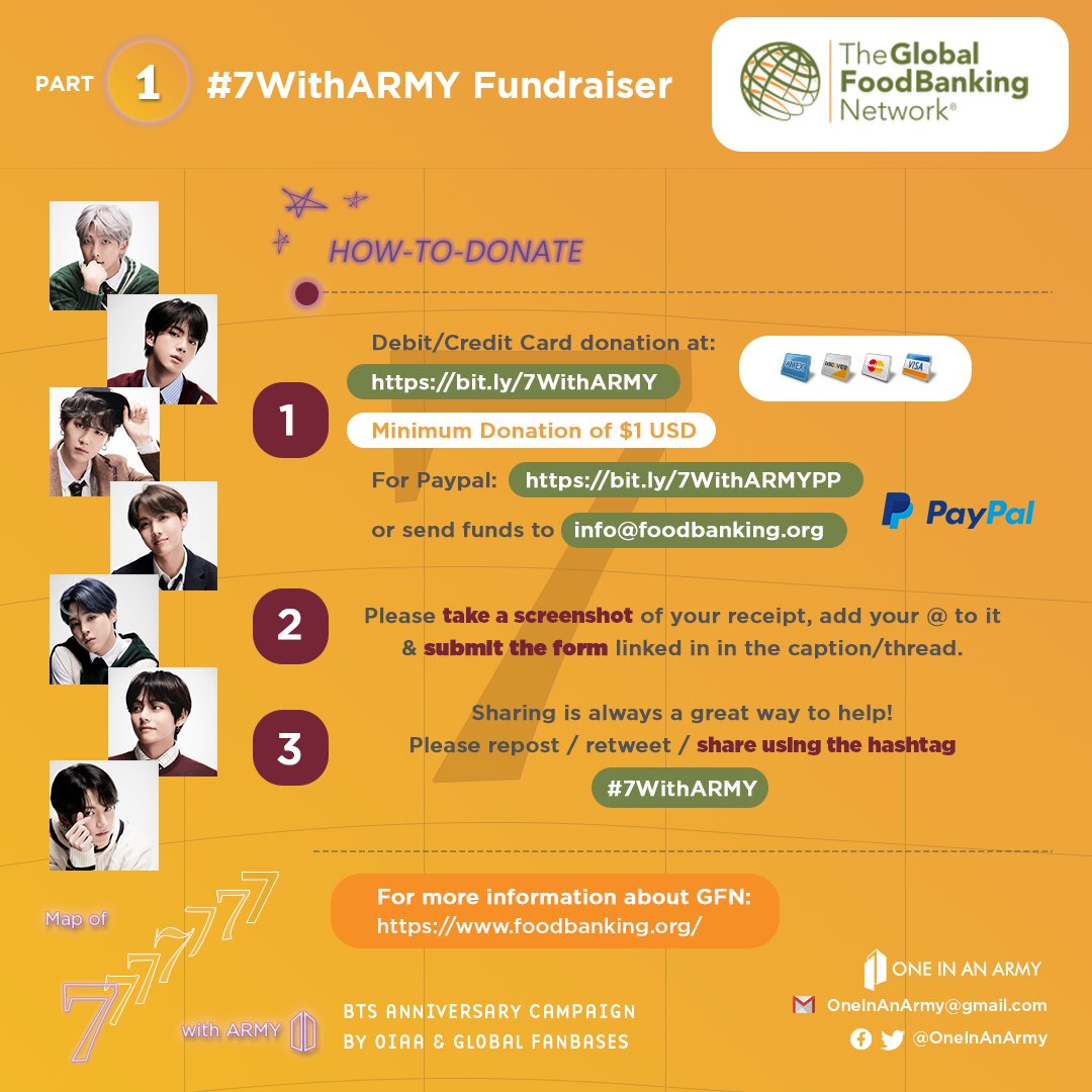 OneInAnARMY's tweet photo. ~~~~💜 #7WithARMY Part 1 💜~~~~

     🌌BTS Anniversary Fundraiser🌌

@foodbanking provides safe and nutritious access to food during the Covid-19 crisis by supporting foodbanks in 40+ countries in need.

Donate here➡️ https://t.co/pRidBLHovw
Paypal ➡️ https://t.co/z1avwFl6uh https://t.co/yJms3rtDLi