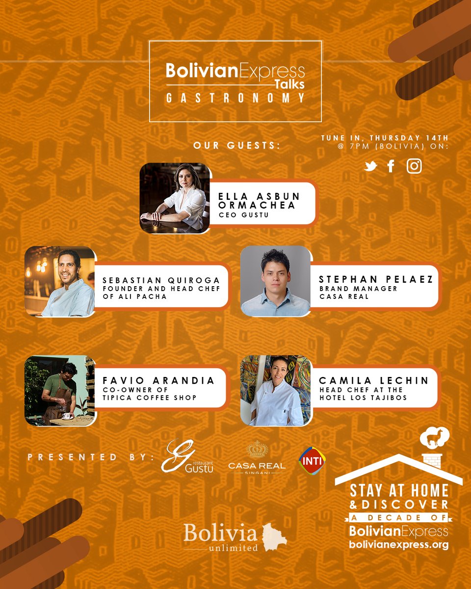 #BolivianExpressTalks
This Week: Gastronomy

"The industry in Bolivia. Opportunities and challenges in our country"

Presented by: Gustu Singani Casa Real Droguería INTI S.A.

Stay home and discover a decade of Bolivian Express

Watch more at: bolivianexpress.org