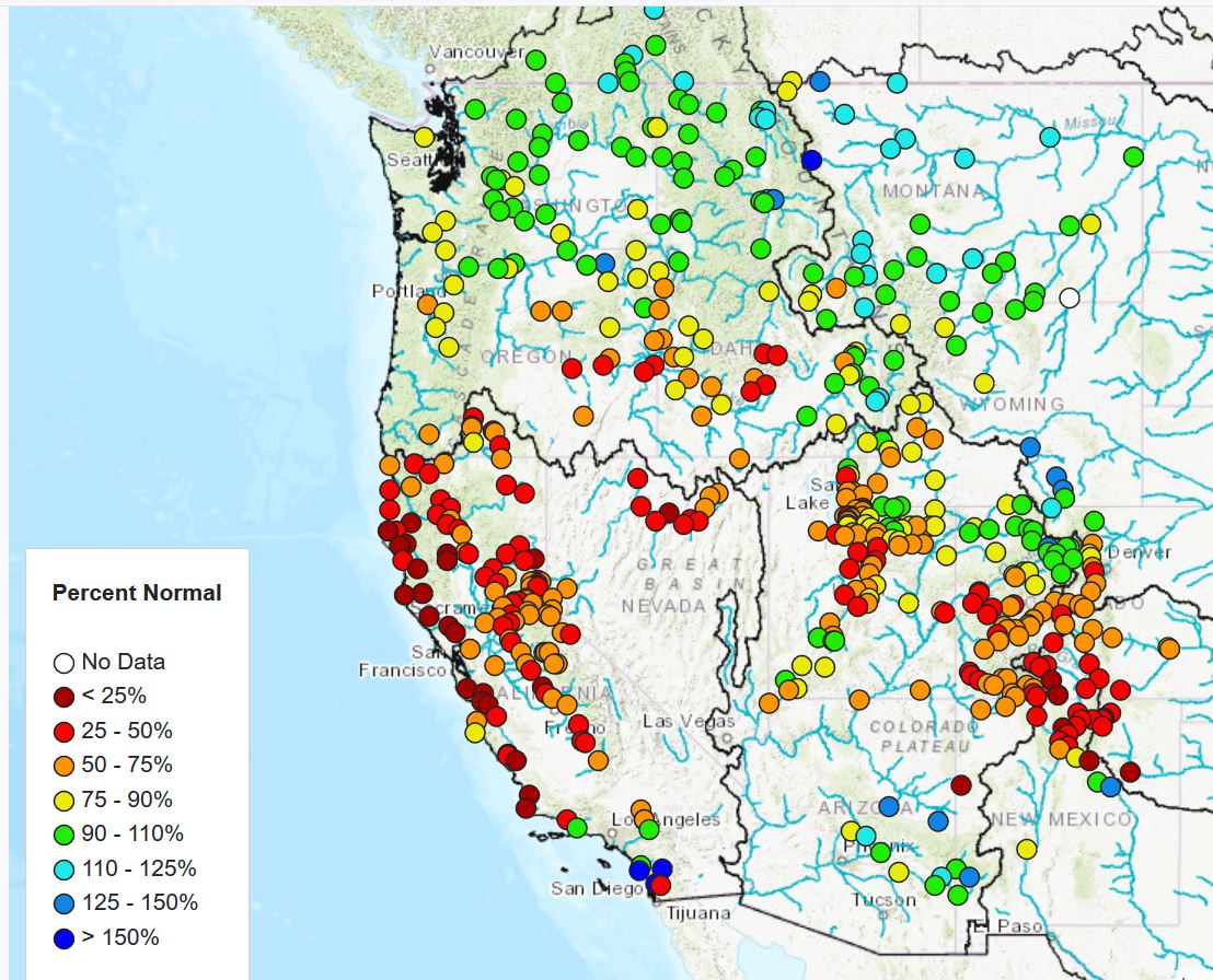 KarynStockdale's tweet photo. This @NOAA Western Water supply forecast map shows current dry conditions - much lower than average snowpack - in California, the Great Basin, and Rocky Mountains #cawater #nvwater #utwater #cowater #nmwater #westernwater #CORiver
https://t.co/60TvQWRZtr https://t.co/cnIpVC4ipo