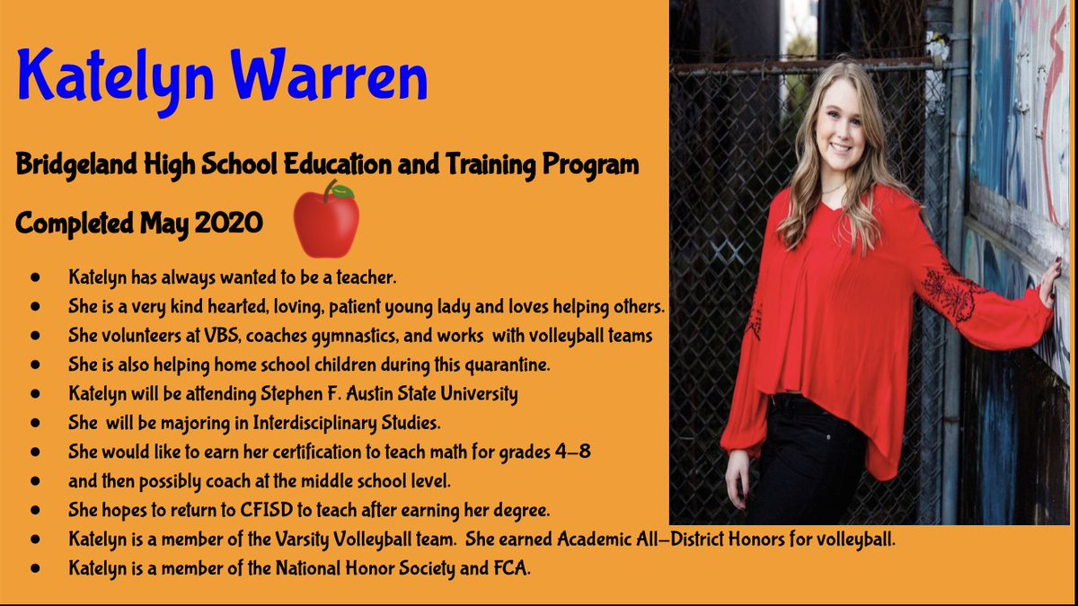 BridgelandSet's tweet photo. Today’s Bridgeland senior of 2020 completing the Education and Training program is Katelyn Warren!! 🐻🎉🍎 She will make an amazing future teacher! #BridgelandBest ##ExploreWells https://t.co/vYMDNuSgtH