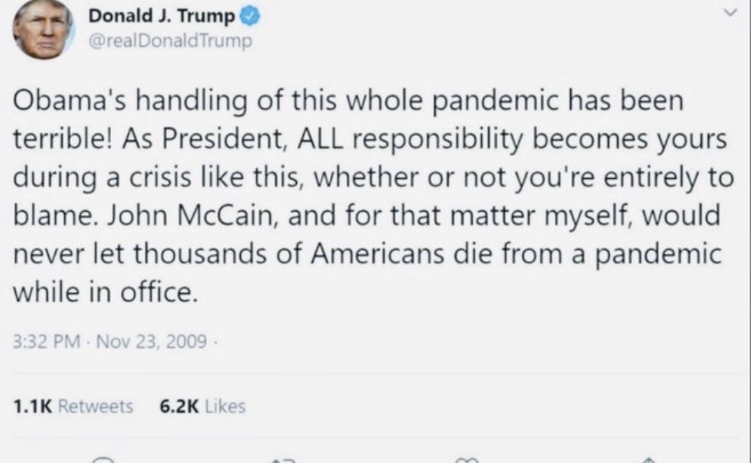 johnsureal's tweet photo. @piercet57000052 @dvillella @realDonaldTrump By Trumps own words he is responsible for what happens. Because he is the leader. 
Also by his own words, he would never allow a pandemic to kill thousands.... https://t.co/uHgdhsxYcy