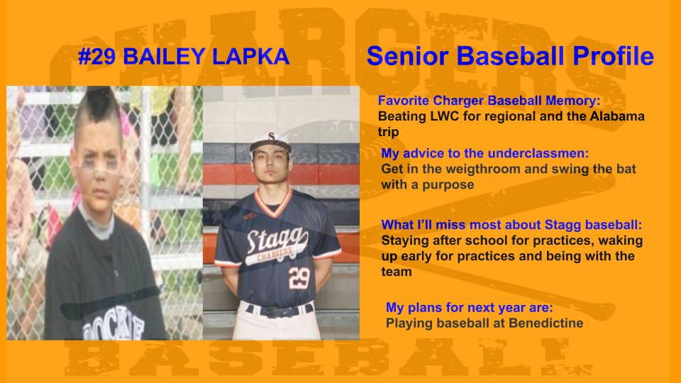 StaggBaseball's tweet photo. Today we spotlight Bailey Lapka.  Bailey loves the game of baseball and is committed to getting better everyday.  He put in a ton of time in the offseason to get stronger and was going to be a huge part of our success.  Bailey will play baseball next year at Benedictine. https://t.co/eGEAoMeovR