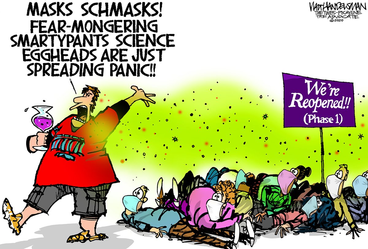 Walt_Handelsman's tweet image. #OpenSafe #BeSmart #WearAMask #SocialDistance #CommonDecency #CommonSense #Phase1 #COVID19 #COVID #COVIDー19 #ScienceOverPolitics @NOLAnews