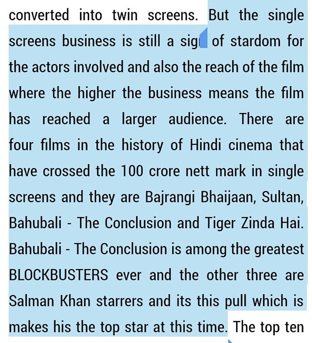 Only 4 films in the history of bollywood which have crossed 100cr+ nett in single screens.Bajrangi BhaijaanSultanTiger Zinda haiBahubali2Megastar Salman khan rules.