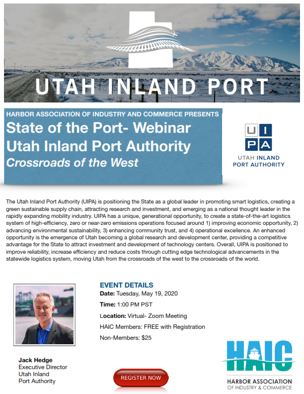 harborassn's tweet photo. Join us next week as we hear from Jack Hedge, Executive Director for the Utah Inland Port Authority for our State of the Port presentation. Register Here: https://t.co/jnUEy7iYjs #HAIC #UtahInlandPortAuthority #StateofthePort https://t.co/2WYjLuKxoO