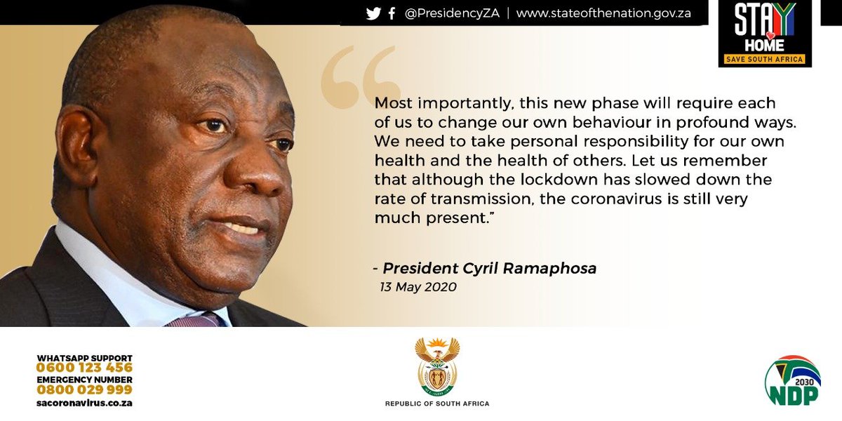 GovernmentZA's tweet photo. "As restrictions are eased, we will need to observe social distancing even more carefully, wear face masks whenever we leave home, wash hands regularly with soap and water or
sanitiser, and avoid contact with other people." - President Ramaphosa #COVID19SA https://t.co/KbRPf0oBTx
