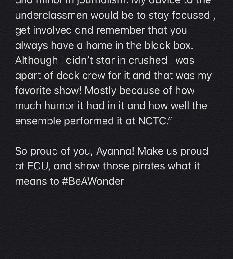 Senior shoutouts continue! Check out the profile for Ms. Ayanna Williams! Love you, girl! Go do big things at <a href="/EastCarolina/">ECU</a>! #beawonder #wonderstheatre #classof2020 #senior