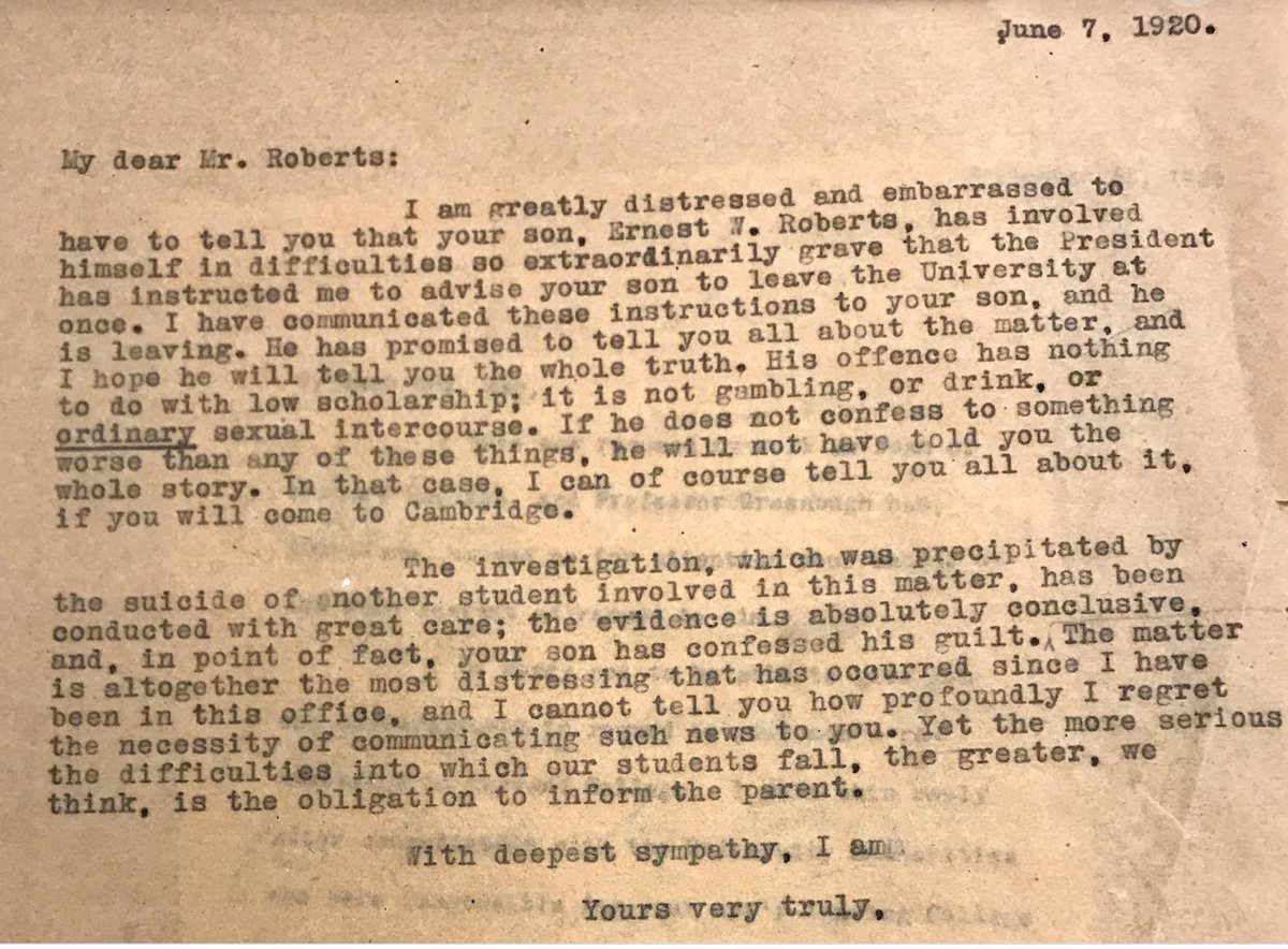 In 1920, Harvard sent vile letters to the families of expelled students, warning them of their sons' "atrocious habits" and promising to give fuller details in person if necessary.