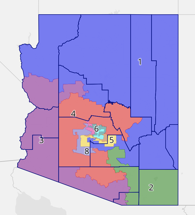 AZ Post-2020 Gerrymander - all districts' 2012/2016 PVIs roughly match that of the state, around R+4.79. Used these districts to examine performance in the 2016 presidential, 2016 senatorial, and 2018 senatorial races (maps are attached to this thread in that order). (1/?)