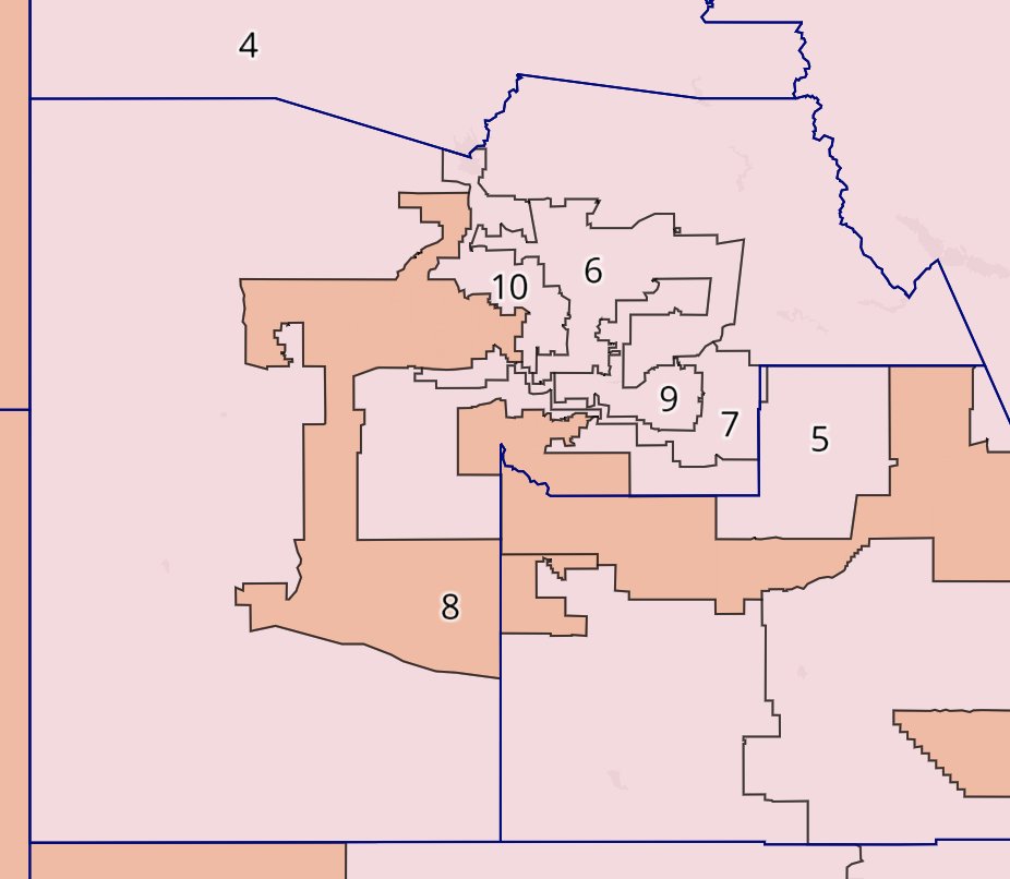 AZ Post-2020 Gerrymander - all districts' 2012/2016 PVIs roughly match that of the state, around R+4.79. Used these districts to examine performance in the 2016 presidential, 2016 senatorial, and 2018 senatorial races (maps are attached to this thread in that order). (1/?)