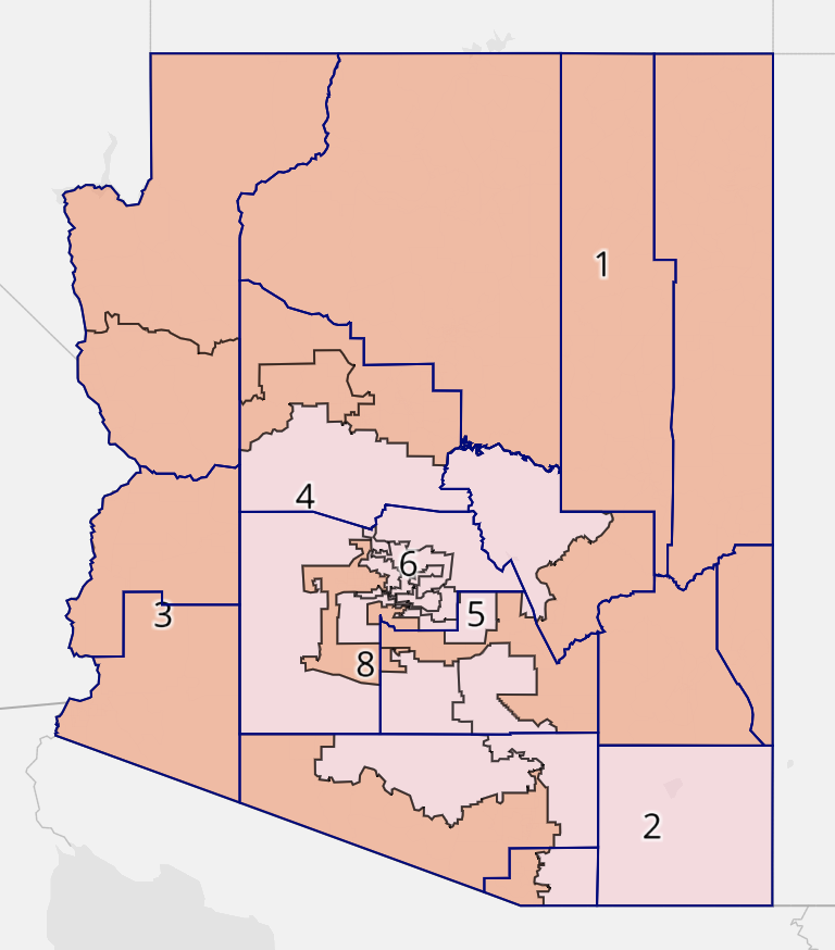 AZ Post-2020 Gerrymander - all districts' 2012/2016 PVIs roughly match that of the state, around R+4.79. Used these districts to examine performance in the 2016 presidential, 2016 senatorial, and 2018 senatorial races (maps are attached to this thread in that order). (1/?)