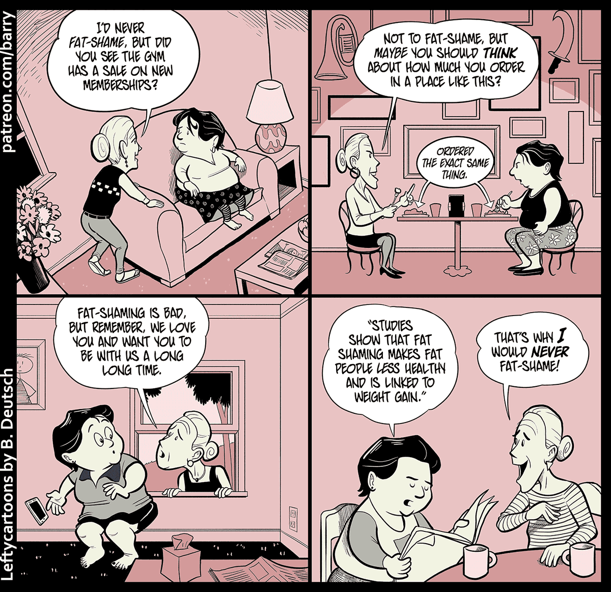 A thread of Fat Acceptance cartoons! Fat Shaming Is Bad, But...Transcript:  https://www.patreon.com/posts/fat-shaming-is-31432291Like the cartoons? Support them by retweeting, or by pledging a buck or two at  http://patreon.com/barry .  #FatAcceptance  #PoliCartoon
