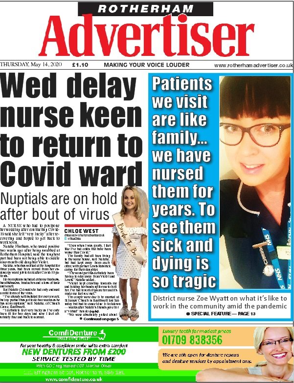 GarethAtWork's tweet photo. Here's this week's @rotherhamtiser front page: "Wed delay nurse keen to return to #COVIDー19 ward"
#buyapaper https://t.co/yKK0YpVu7g
