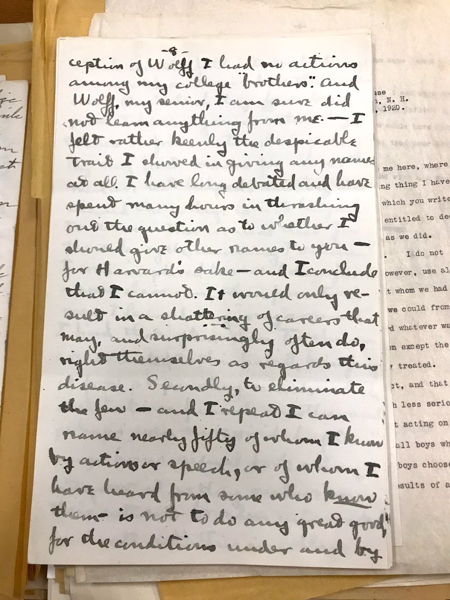 But the expelled students also wrote letters. In July 1920, one wrote a letter to the Dean explaining why he had declined to name other students, even though he knew "nearly fifty."It's a really interesting letter — 30pgs with a lot of details about gay social life at Harvard.