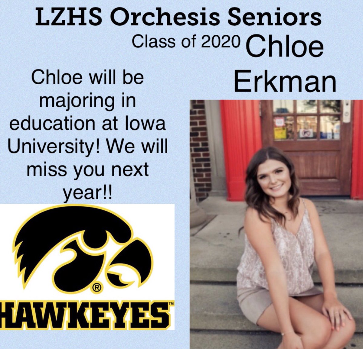 LzhsO's tweet photo. Our next shoutout goes to Chloe Erkman!! Best of luck at Iowa University!! https://t.co/a7oIbNXAtZ