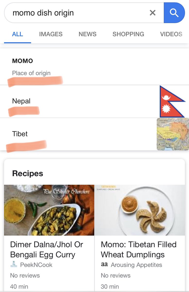 In a particularly sensitive week for Nepalisovereignty, i discovered  #MoMo  is listed as “Indian”  @Google — please FIX it!Even if there is an Indian ‘meat-in-dough-wrap’ dish, “MoMo” as it exists is  #Nepali (as ShaPhaley is Tibetan, Ravioli Italian, Samosa Indian).