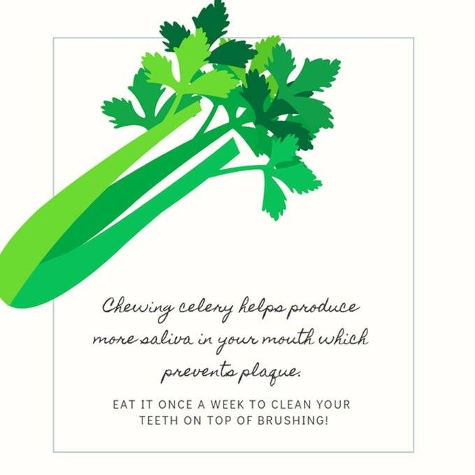 VineonMemorial's tweet photo. Great dental tip! Chewing celery helps produce more saliva in your mouth which prevents plaque. Eat it once a week to clean your teeth on top of brushing! Thanks Tulsa Premier Dentistry! https://t.co/XtBEmQpRWD
